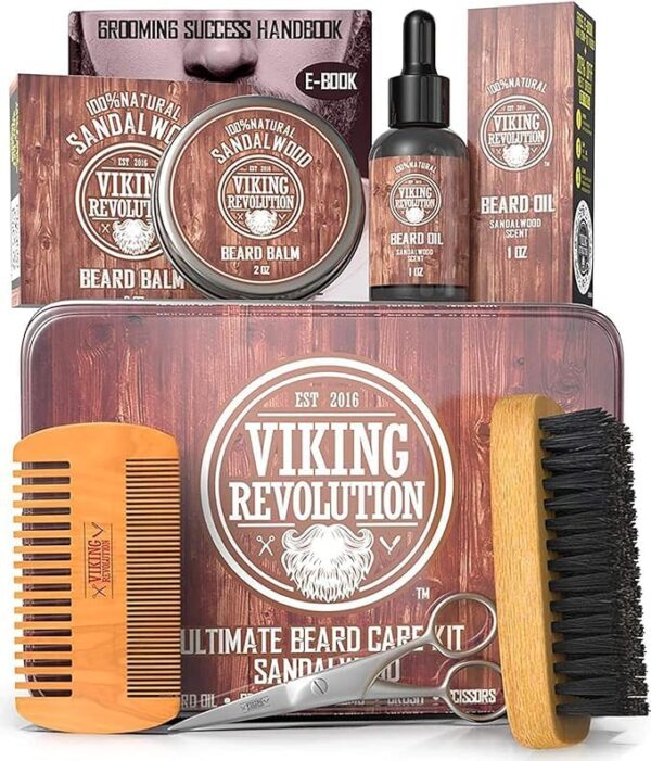Viking Revolution Ultimate Grooming Kit for Men - Boar Brush, Wood Comb, Sandalwood Balm & Oil, Scissors for Beard & Mustache - Image 2