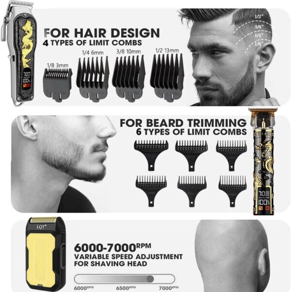 Hair Clippers 3-Piece Men's Professional Cordless Haircutting Set with LED Display, Trimmer, Shaver, Beard Clipper - Gift for Man - Image 6