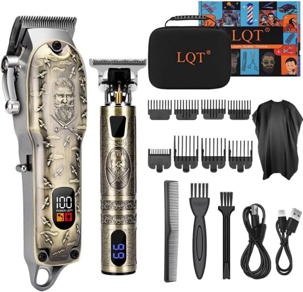 Professional Hair Clipper Set, Digital Display Trimmer Kit with Accessories, Barber Case and Cape, Vintage Design - Image 2