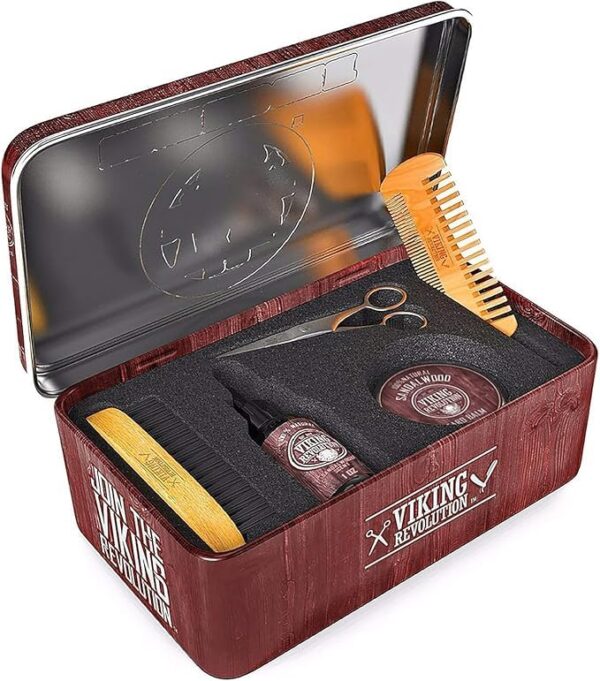 Viking Revolution Ultimate Grooming Kit for Men - Boar Brush, Wood Comb, Sandalwood Balm & Oil, Scissors for Beard & Mustache - Image 3