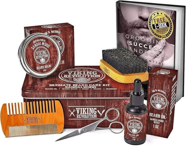 Viking Revolution Ultimate Grooming Kit for Men - Boar Brush, Wood Comb, Sandalwood Balm & Oil, Scissors for Beard & Mustache - Image 6
